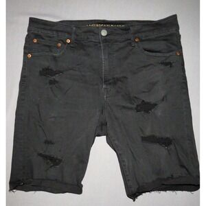American Eagle Next Level FLEX Black Distressed Denim Jean Shorts Men's 36